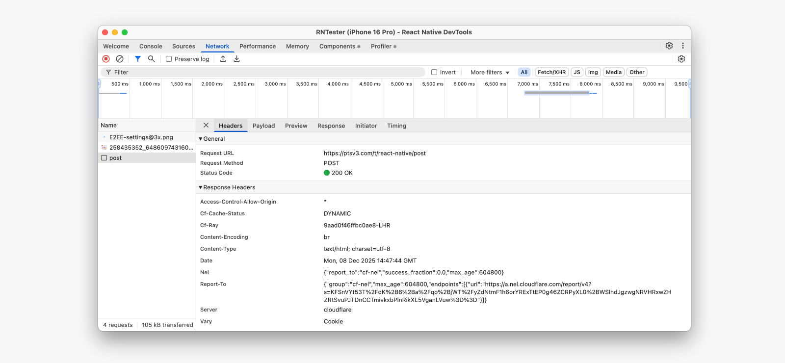 Network panel list in React Native DevTools
